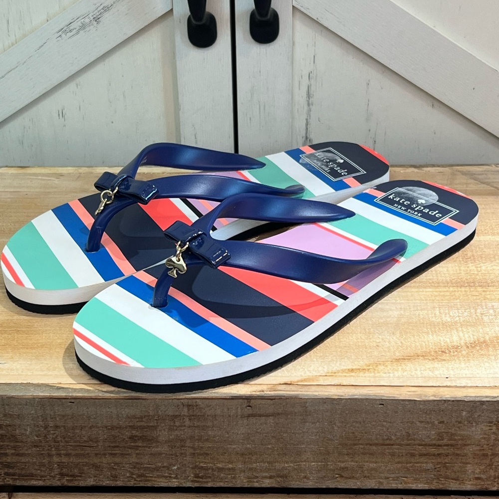 Kate Spade New York Fifi Bow Thong Flip-Flop Multi Color Striped Sandals NEW 7 - Picture 2 of 8